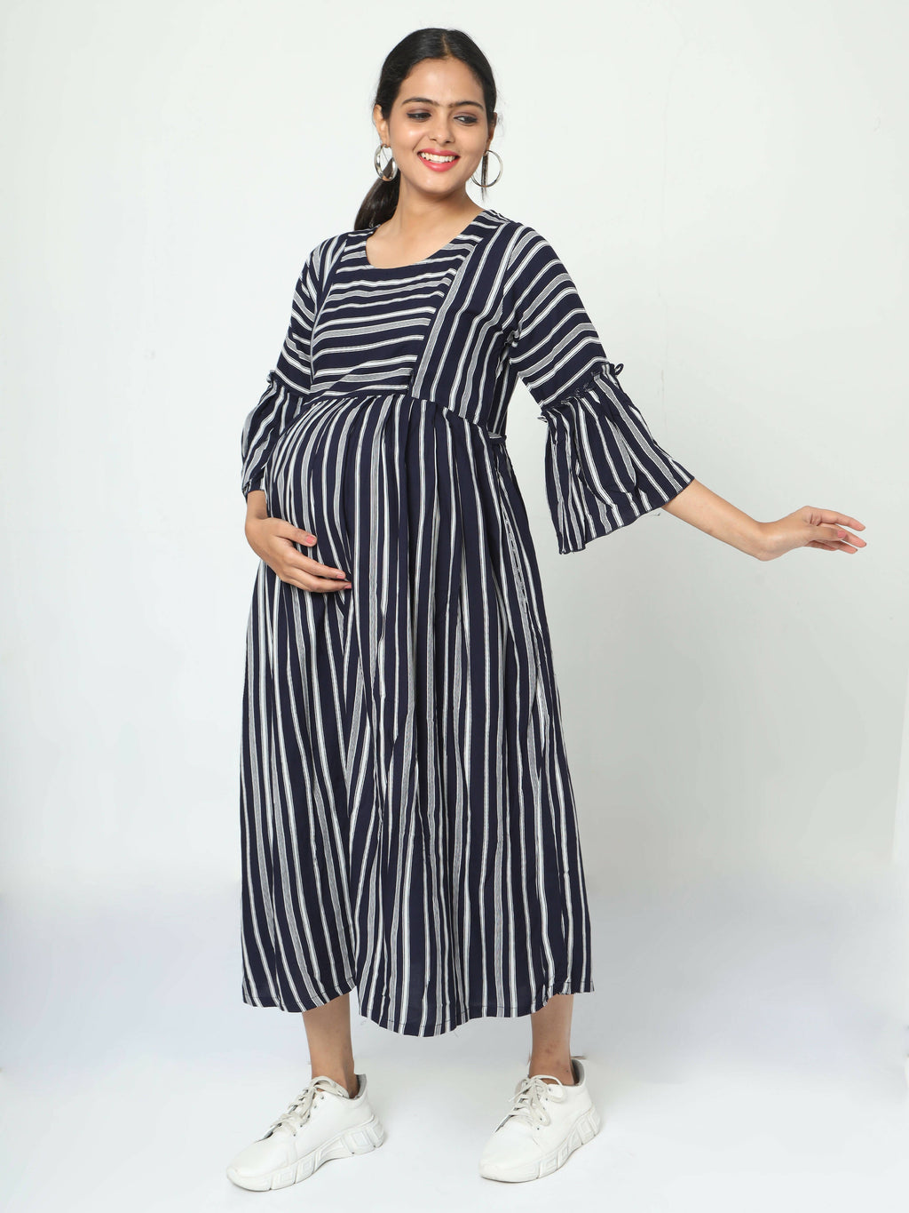 Manet Three Fourth Maternity Dress With Concealed Zipper Nursing Access - Navy Blue | Grocsy