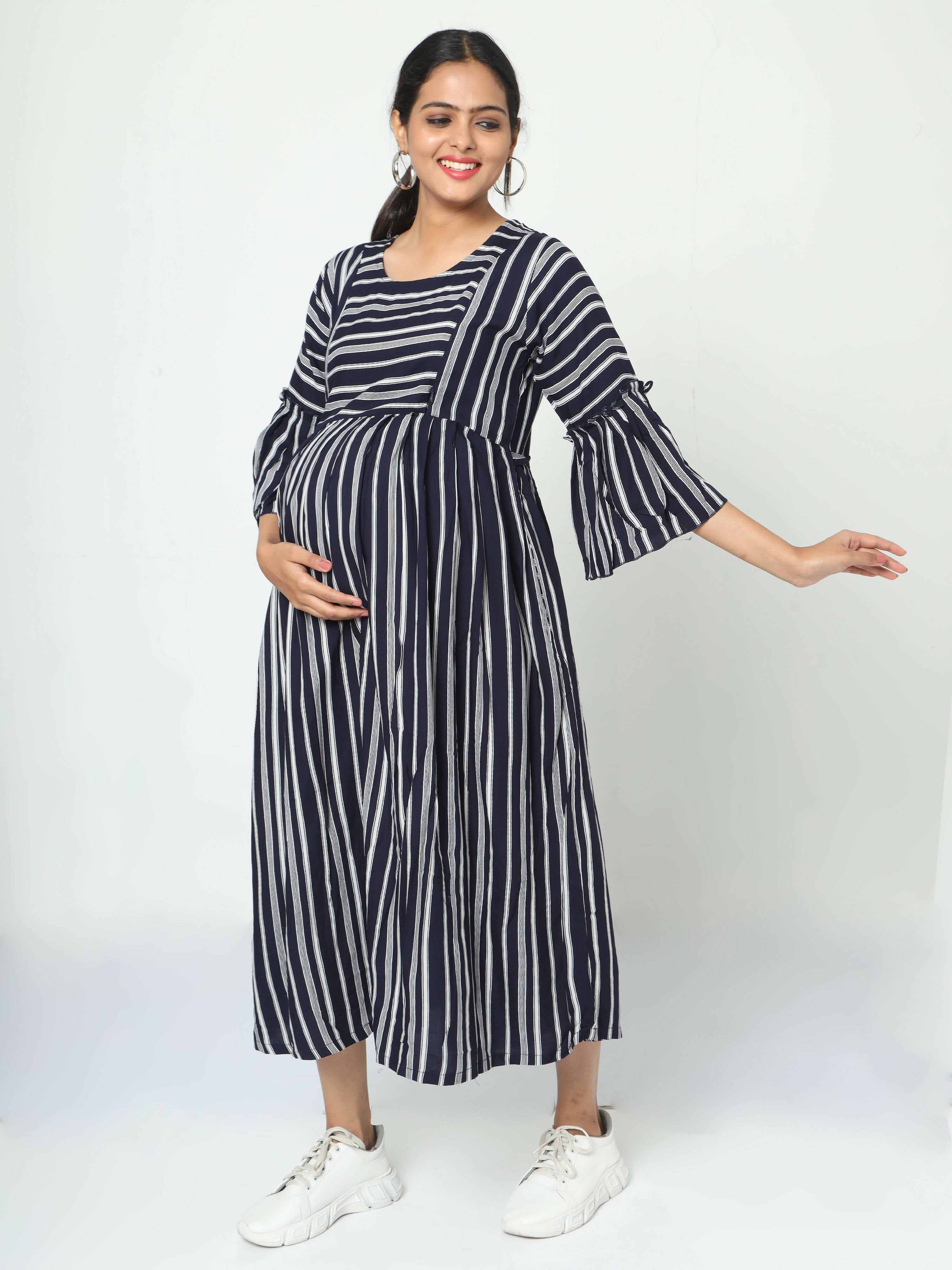 Manet Three Fourth Maternity Dress With Concealed Zipper Nursing Access - Navy Blue | Grocsy