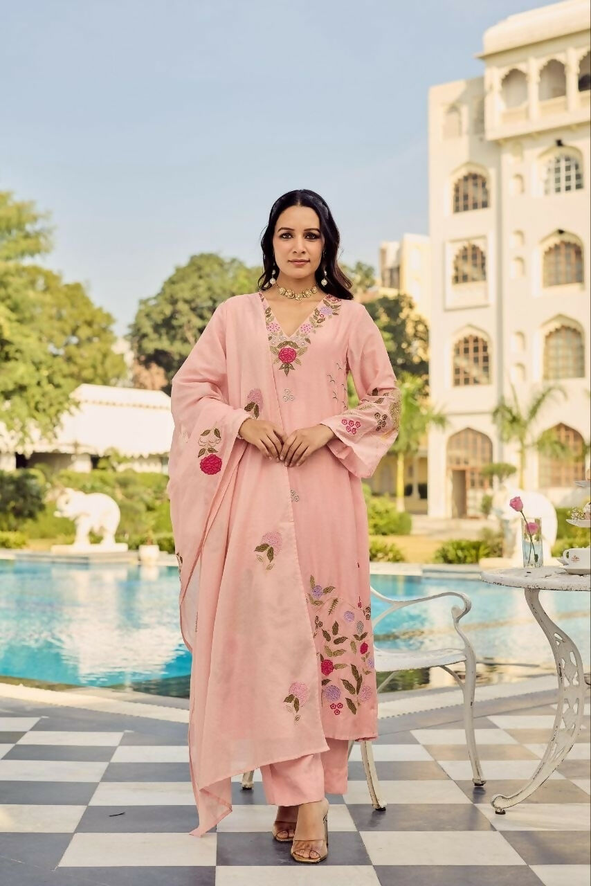 Teeya Creation Premium Peach Chanderi Silk Floral Embroidered Straight Kurta Pant Set With Dupatta For Women | Grocsy