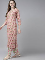 Yufta Women Pink Floral Print Aari Work Pure Cotton Kurta with Palazzo and Dupatta | Grocsy
