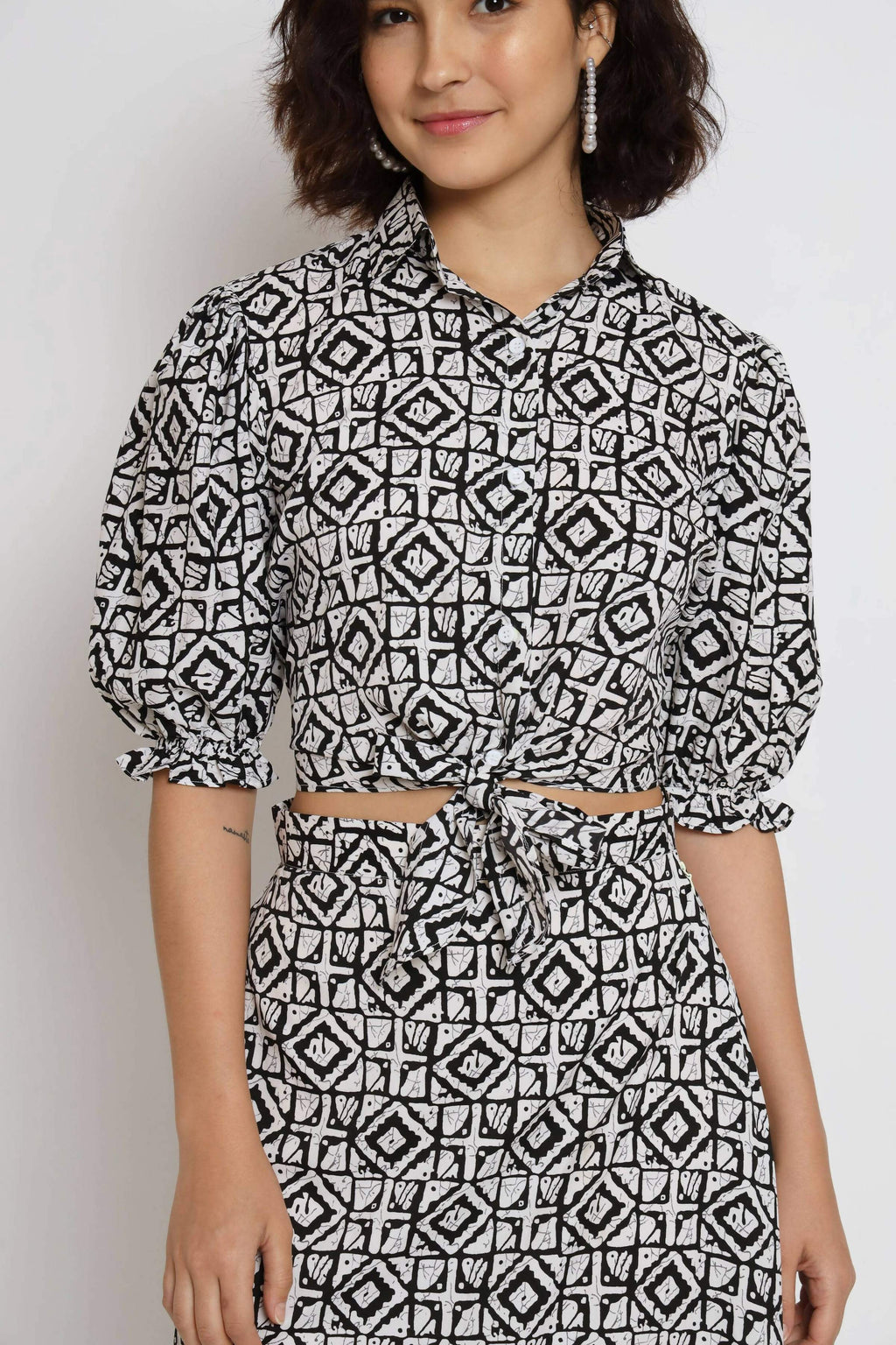 White Crepe Geometric Printed Top with Matching Skirt - Shivani | Grocsy