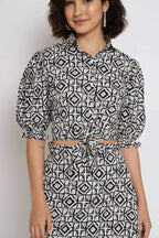 White Crepe Geometric Printed Top with Matching Skirt - Shivani | Grocsy