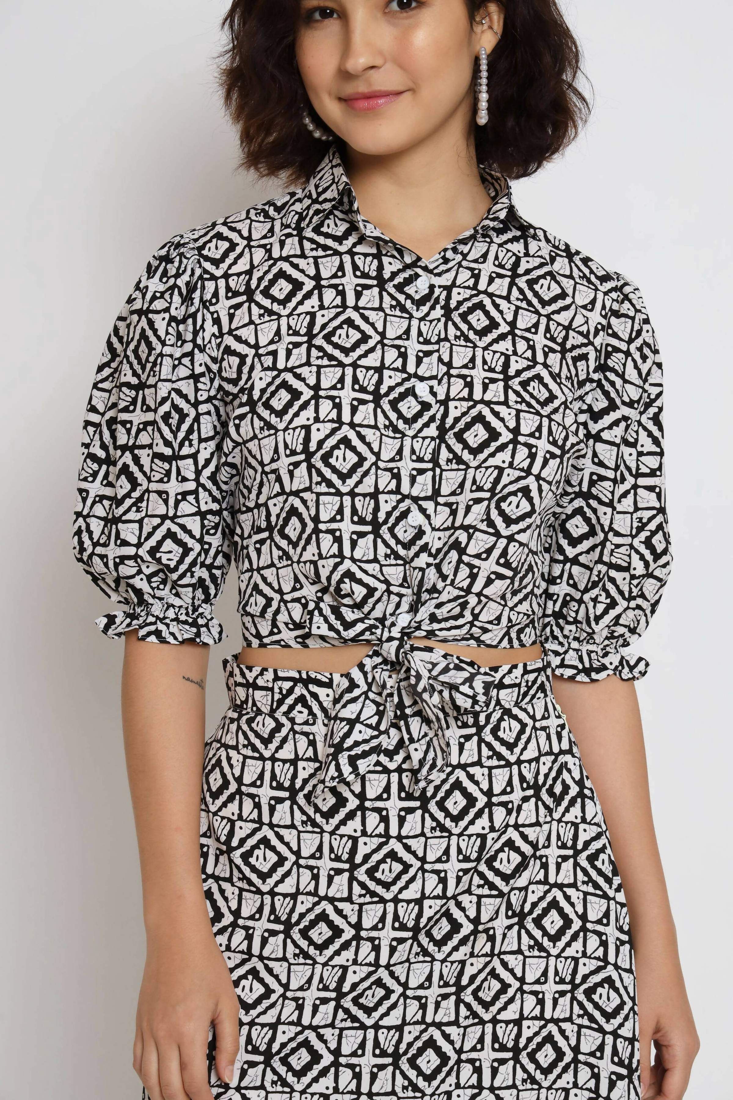 White Crepe Geometric Printed Top with Matching Skirt - Shivani | Grocsy