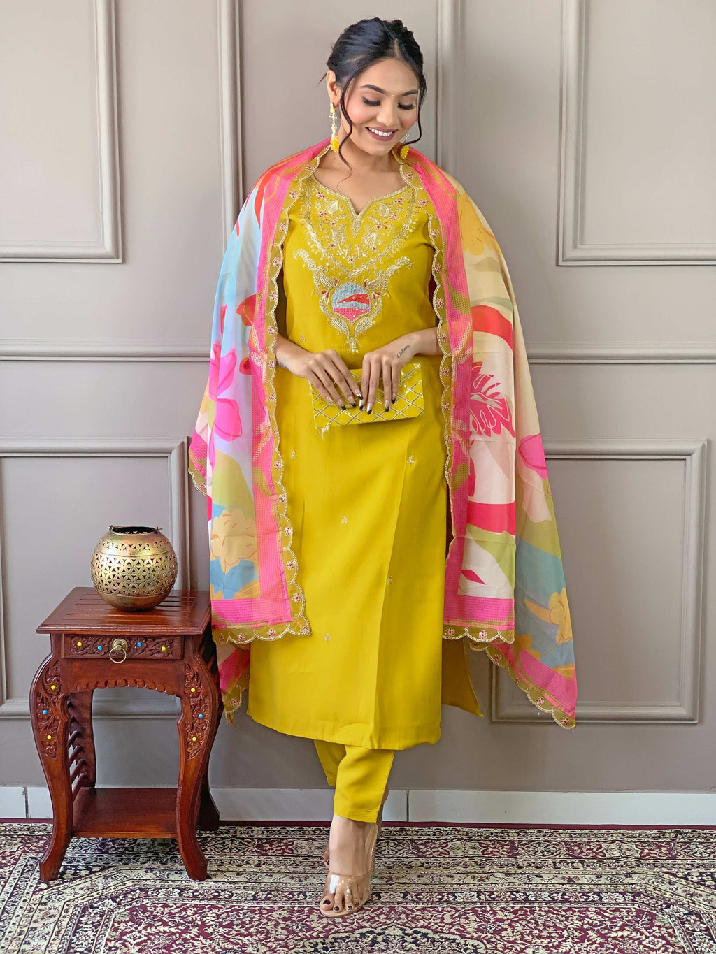 PartywearDesigner Viscose Yellow Stitched Suit With Dupatta - Tanisha | Grocsy