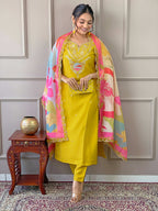 PartywearDesigner Viscose Yellow Stitched Suit With Dupatta - Tanisha | Grocsy