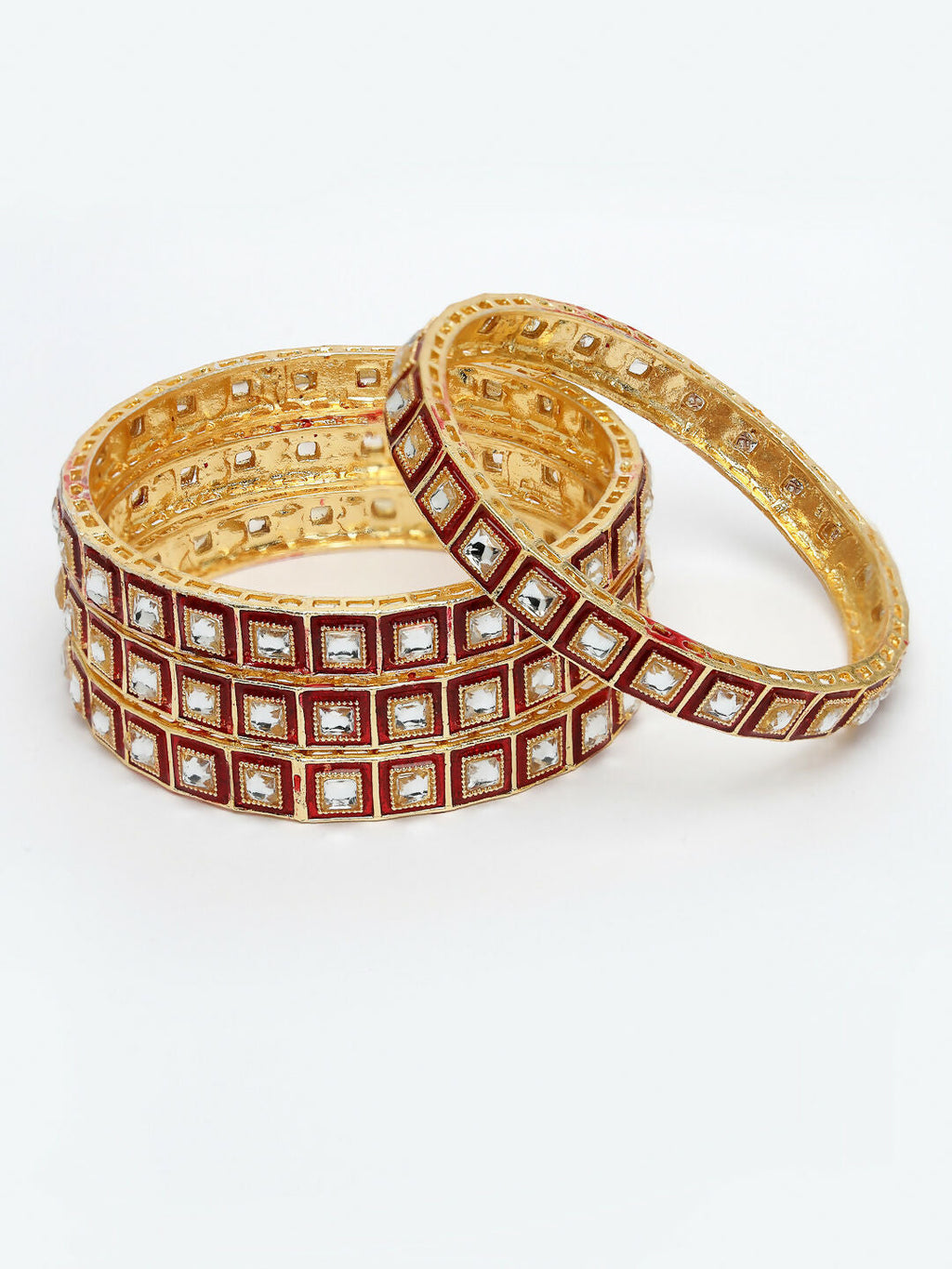 NVR Women's Set Of 4 Gold-Polished Red Kundan-Studded Traditional Bangles | Grocsy
