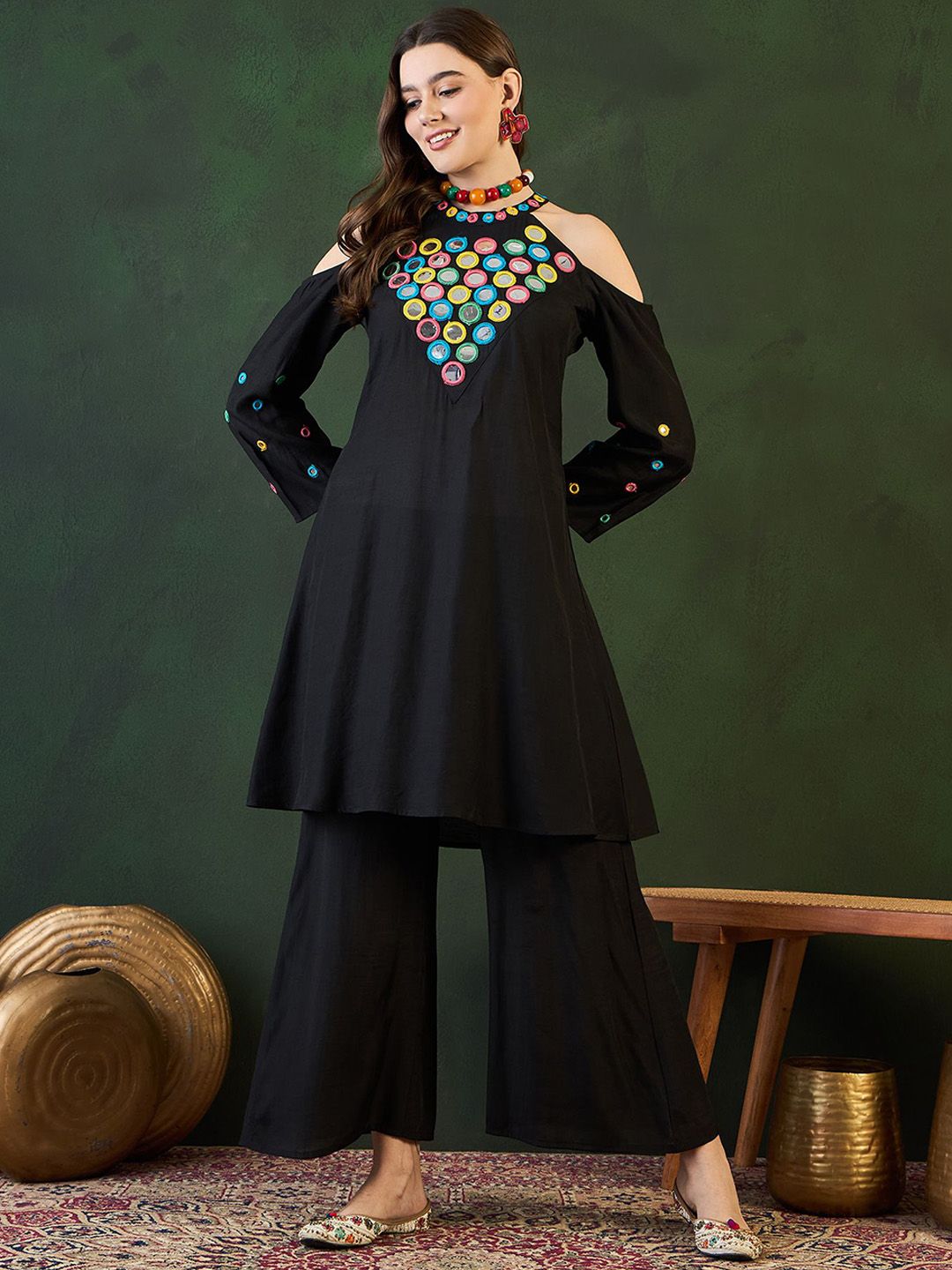 Sangria Embroidered Halter Neck Kurta & Palazzo With Bag | Grocsy