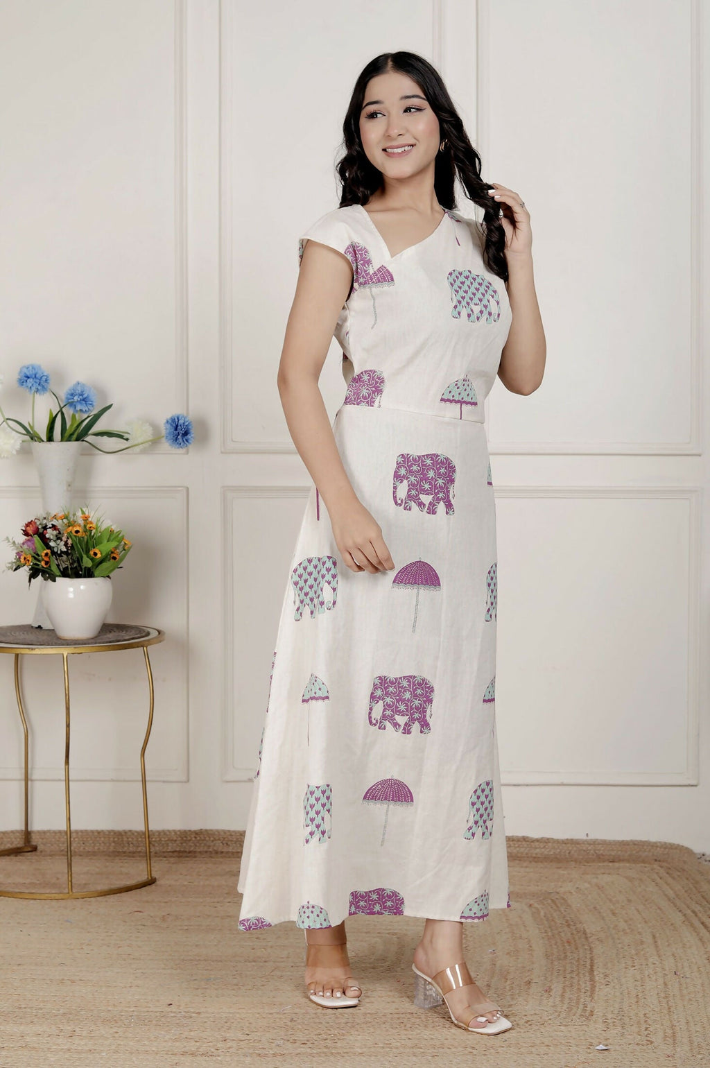 Miravan Womens Off-White Animal Printed Asymmetric Neck A-Line Maxi Dress | Grocsy