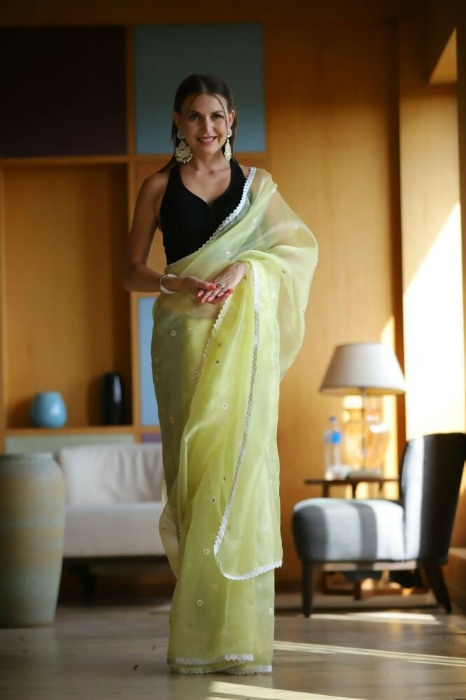 Vamsee Manbhari Yellow Organza Saree | Grocsy