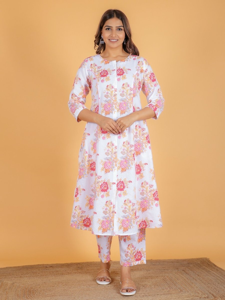 Aramya A-line Kantha Cotton Floral Print Women's Kurta - White | Grocsy