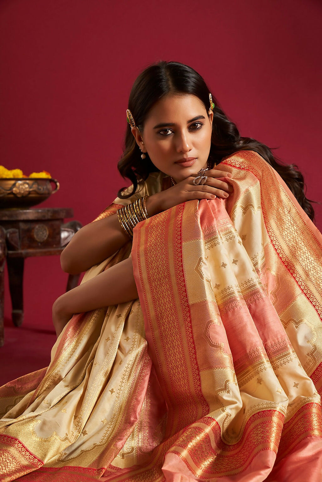 Joban Fashion Cream & Pink Plain With Weaving Border Banarasi Silk Sarees | Grocsy