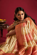 Joban Fashion Cream & Pink Plain With Weaving Border Banarasi Silk Sarees | Grocsy