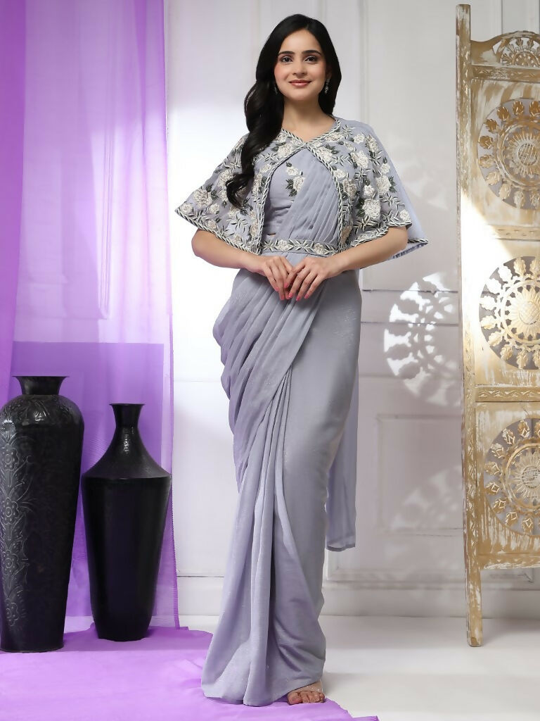 Grey Chiffon Solid Ready to wear Saree with stitched Blouse - Aayan | Grocsy
