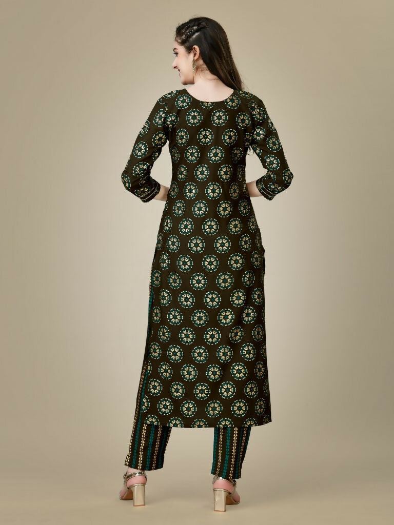 Jyoti Fashion Women's Dark Coffee Rayon Embroidered Kurta Pant Set | Grocsy