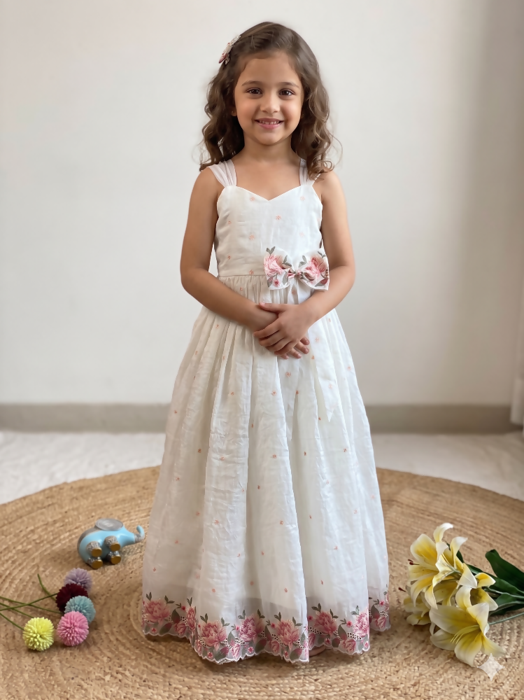 Teeya Creation New Latest Girls Sage Green Crinkled Silk Festive Gown with Handcrafted Bow and Lotus Cutwork Border | Grocsy
