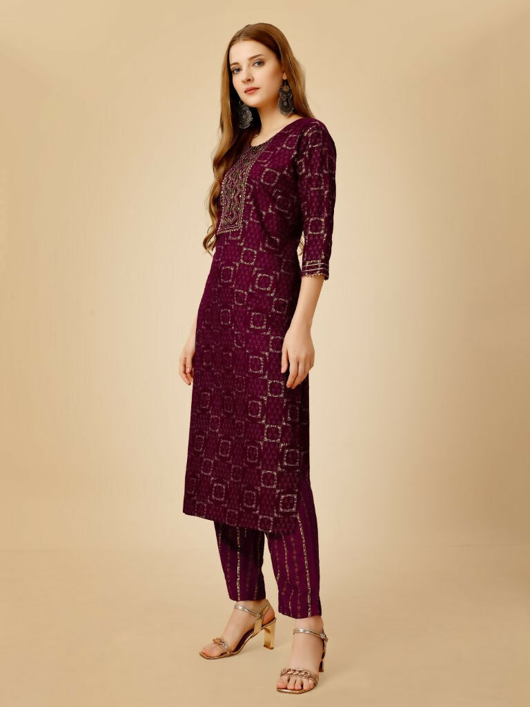 Jyoti Fashion Women's Wine Viscose Rayon Embroidered Kurta Pant Set | Grocsy