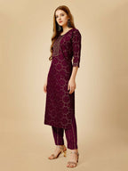 Jyoti Fashion Women's Wine Viscose Rayon Embroidered Kurta Pant Set | Grocsy