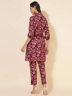 Janasya Women's Purple Cotton Floral Printed Casual Straight Kurta Set | Grocsy