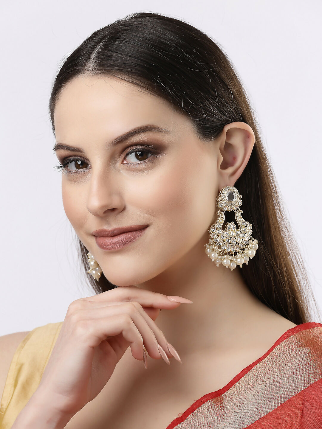 NVR Women Gold-Polished Kundan Chandbali Earrings | Grocsy
