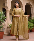 Teeya Creation Festive Gold-Olive Green Anarkali Kurta Pant Set For Women | Grocsy