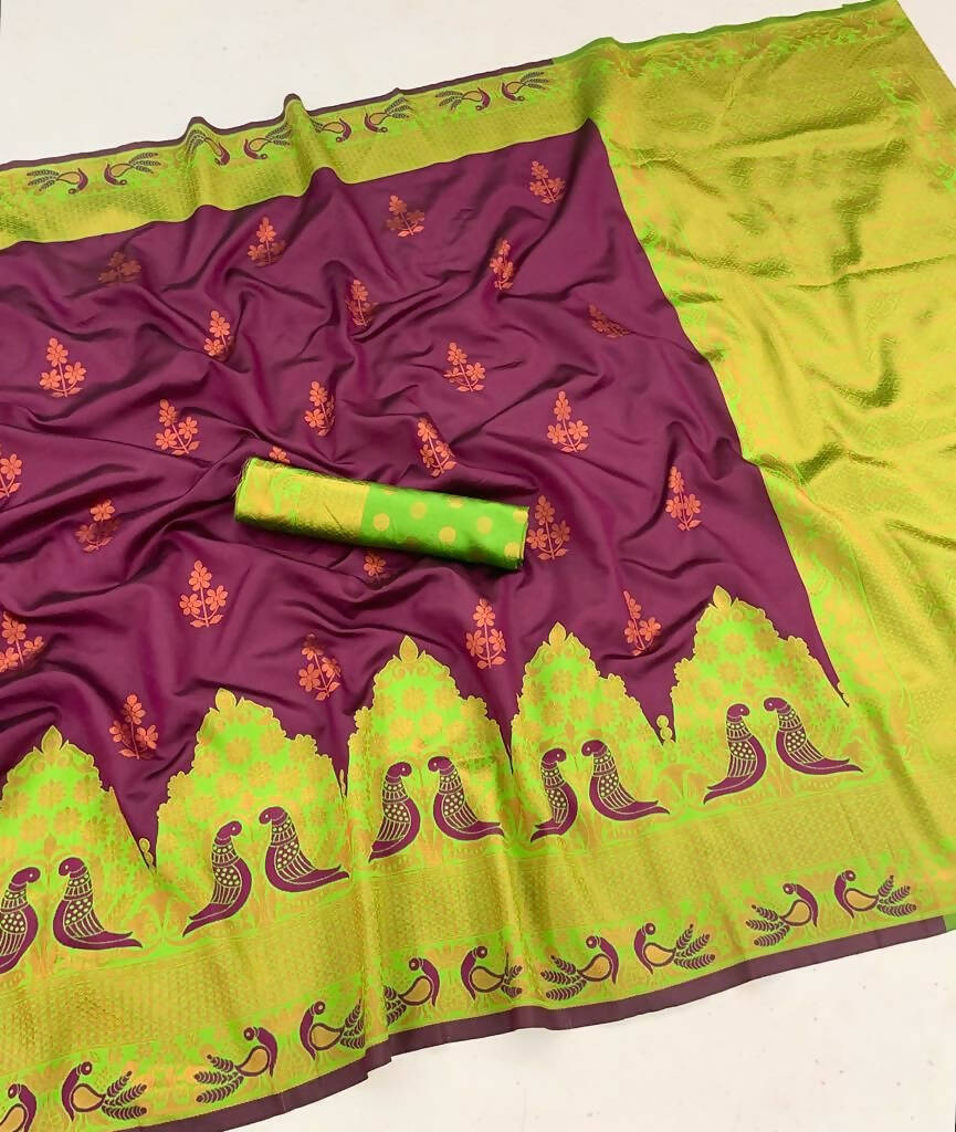 DEIANA'S Beautiful Designer Golden zari Soft Lichi Silk Saree - Wine | Grocsy