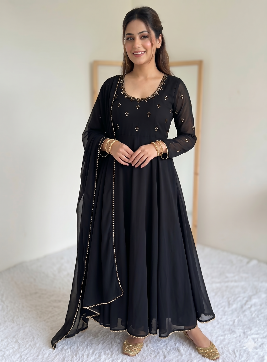 Teeya Creation New Party Wear Look Gerorrget Gown With Pant Dupatta Set - Black | Grocsy