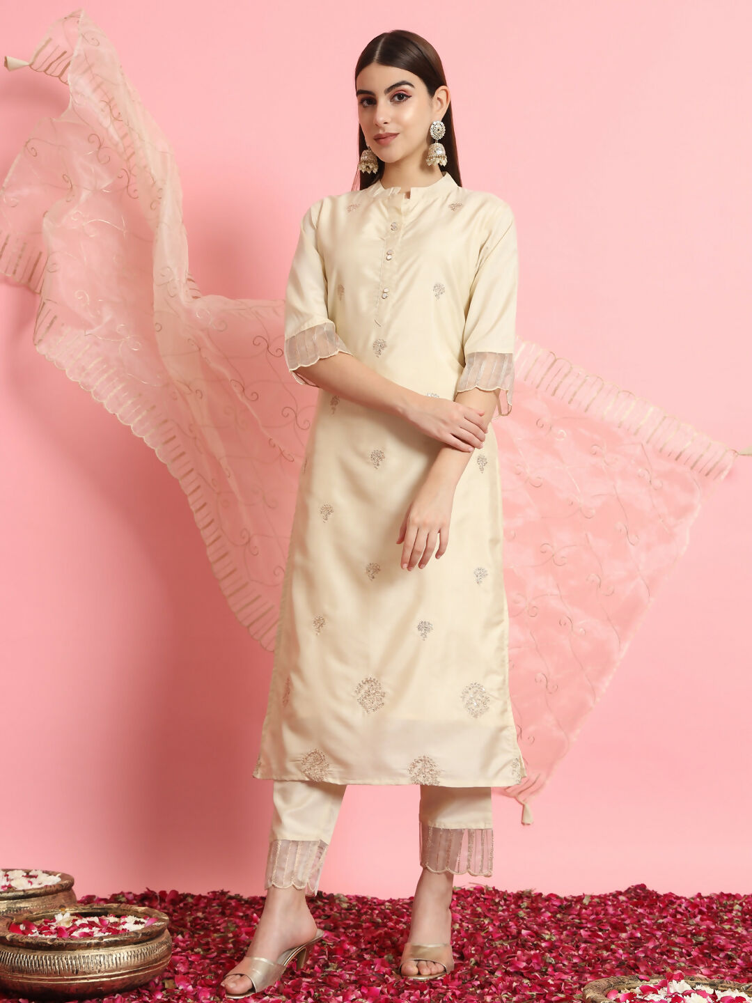 Vellora Elegant Beige Silk Blend Casual Wear Embroidered Salwar Suit | Grocsy