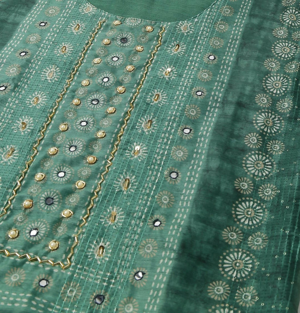 Sea Green Chinon Digital Printed With Hand Work Kurta - Himanshi | Grocsy