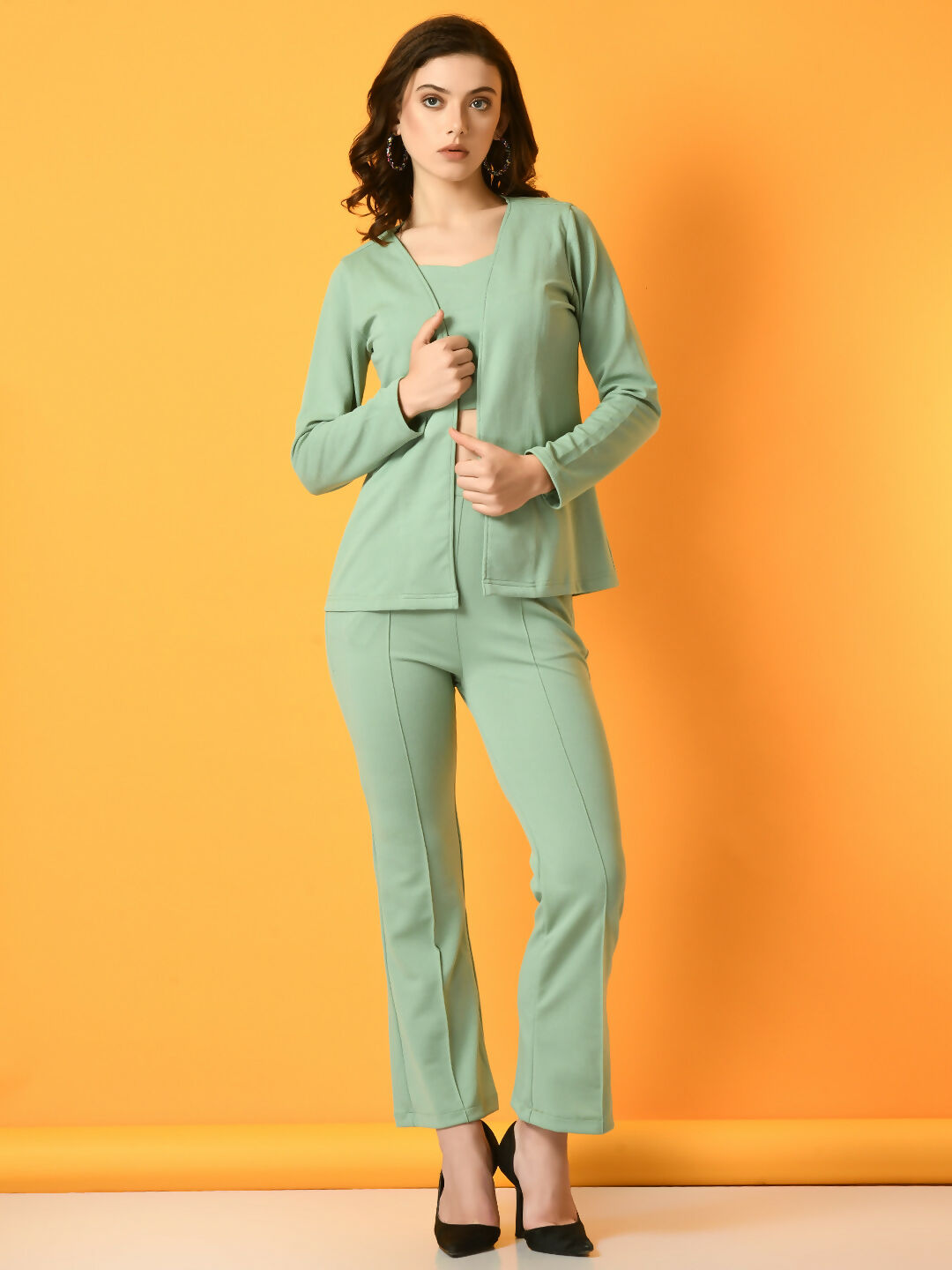 Myshka Women's Green Solid Coat With Trousers | Grocsy