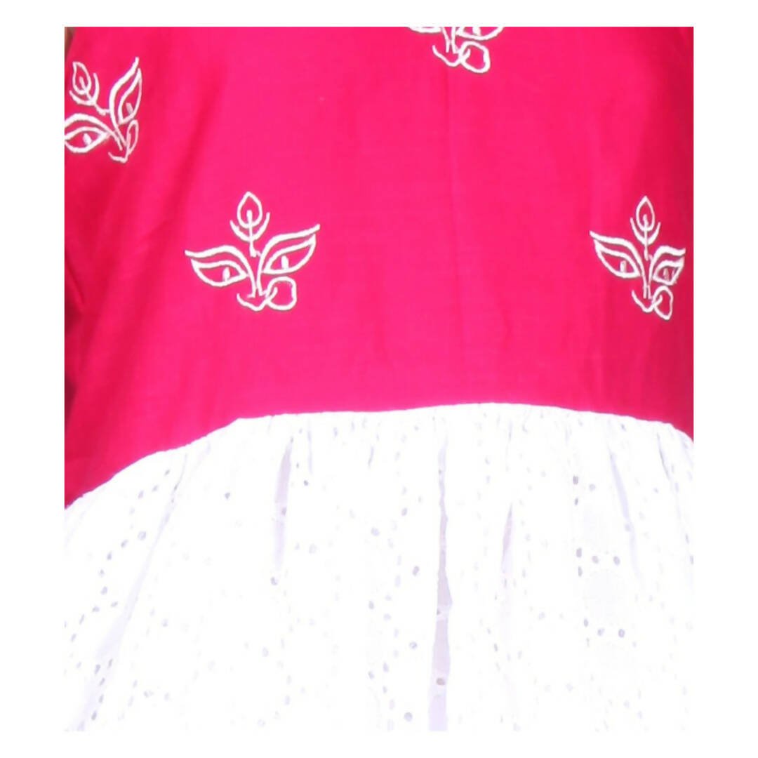 Akarshan Pure Cotton Frock Style Kurti With Leggings Set - Pink And White | Grocsy