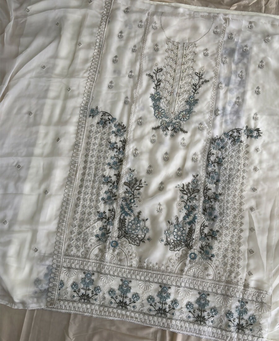 KC Heavy Chiffon Silk White Hand Embroidered Straight Suit For Women Wedding | Grocsy
