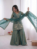 Teeya Creation Teal Color Fendy Silk Embroidery Work Wedding Wear Salwar Suit | Grocsy