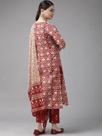 Yufta Maroon & Beige Ethnic Motifs Screen Print Cotton Straight Kurta Palazzo & Dupatta | Grocsy