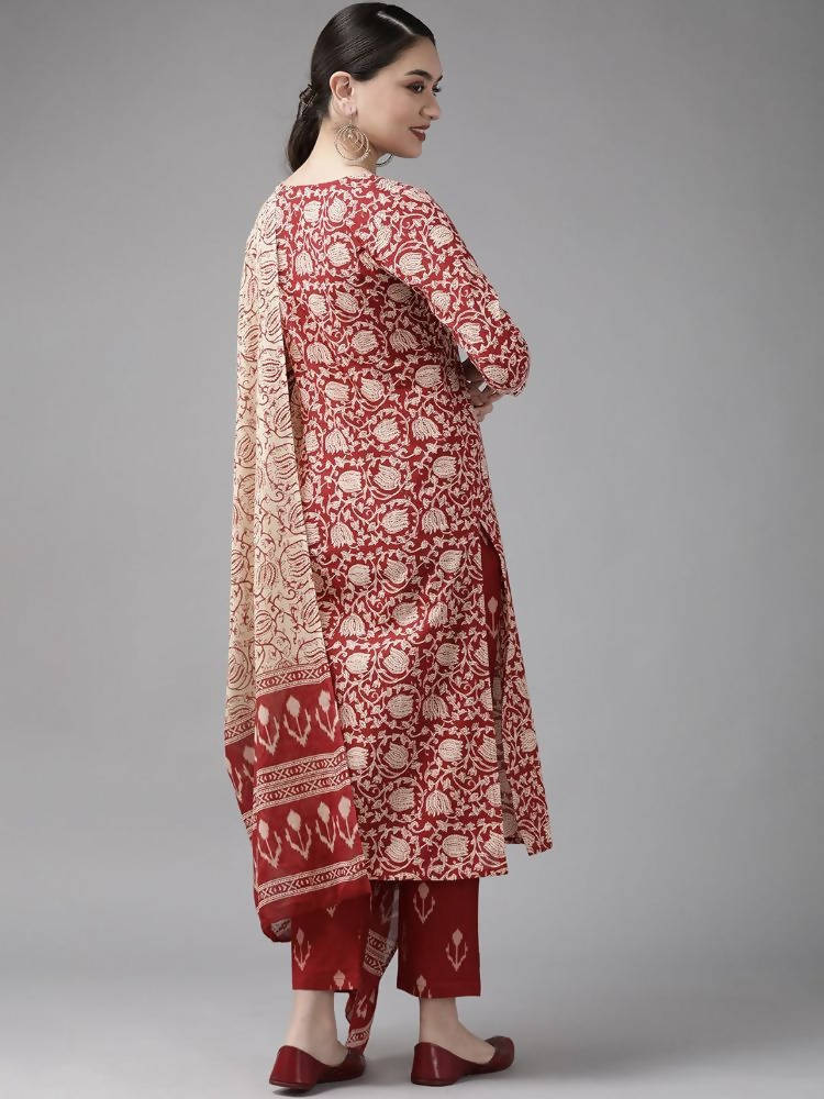 Yufta Maroon & Beige Ethnic Motifs Screen Print Cotton Straight Kurta Palazzo & Dupatta | Grocsy