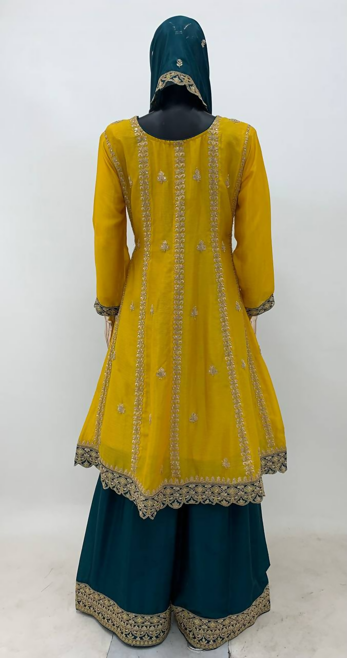 Lorenvalley Fashion Yellow and Rama Chinon Embroidery With Sequince Work Salwar Kameez Stitched | Grocsy