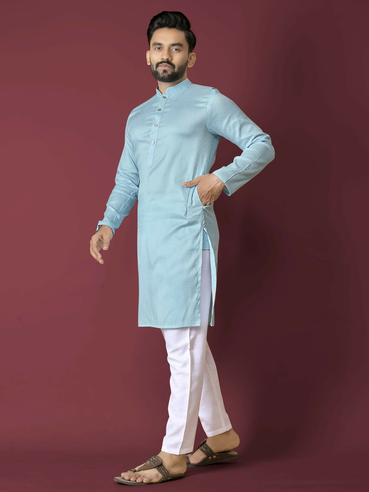 Anaita Sky Blue Solid Soft Jacquard Silk Straight Kurta | Grocsy