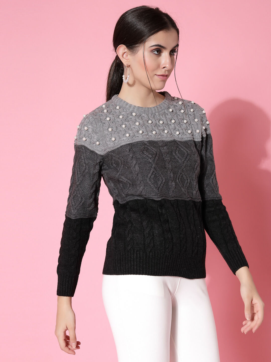 Women Color Block Winter Charcoal Acrylic Sweater - Wool Trees | Grocsy