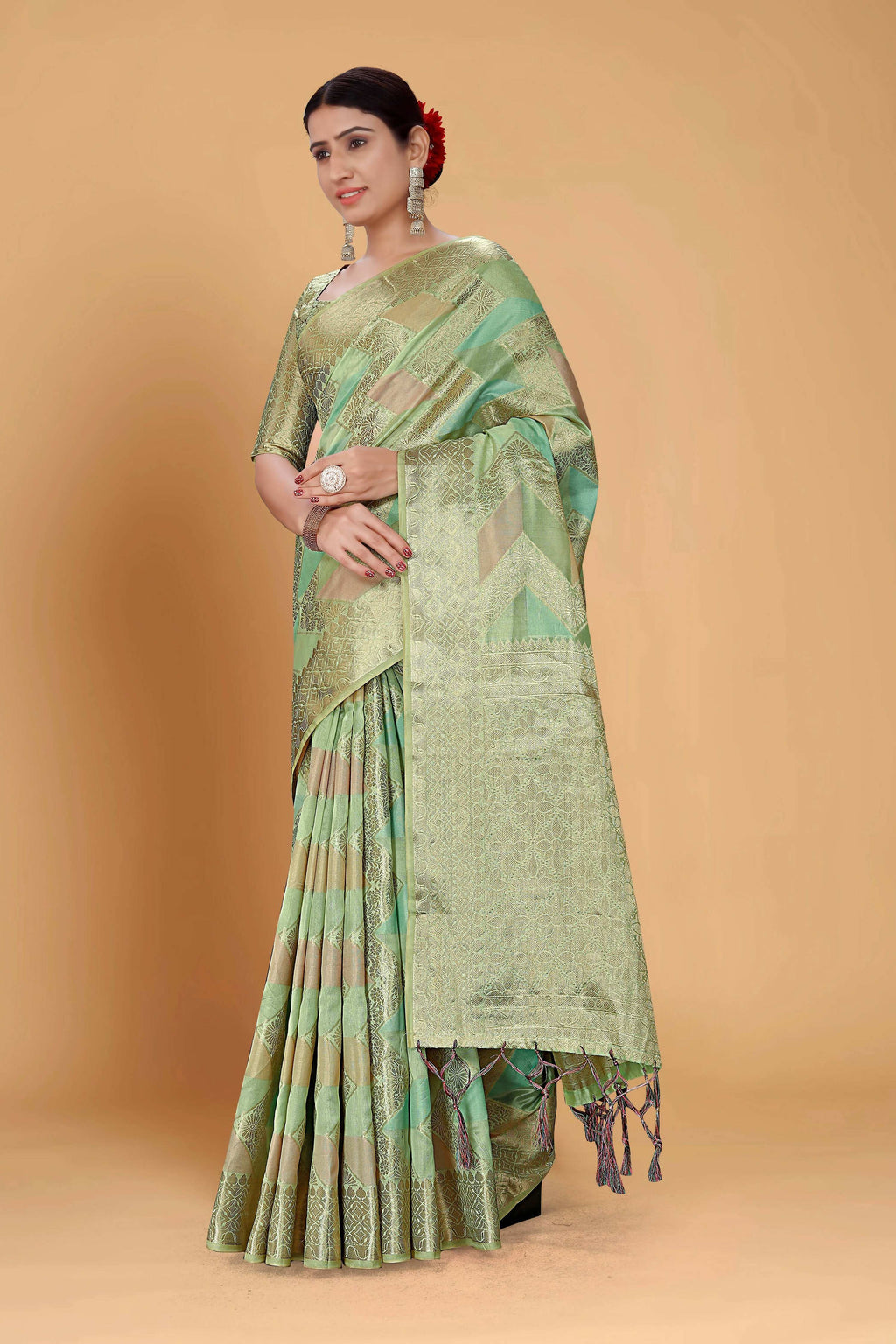Sea Green Soft Organza Woven Design Saree With Unstitched Blouse Piece - Zaara | Grocsy
