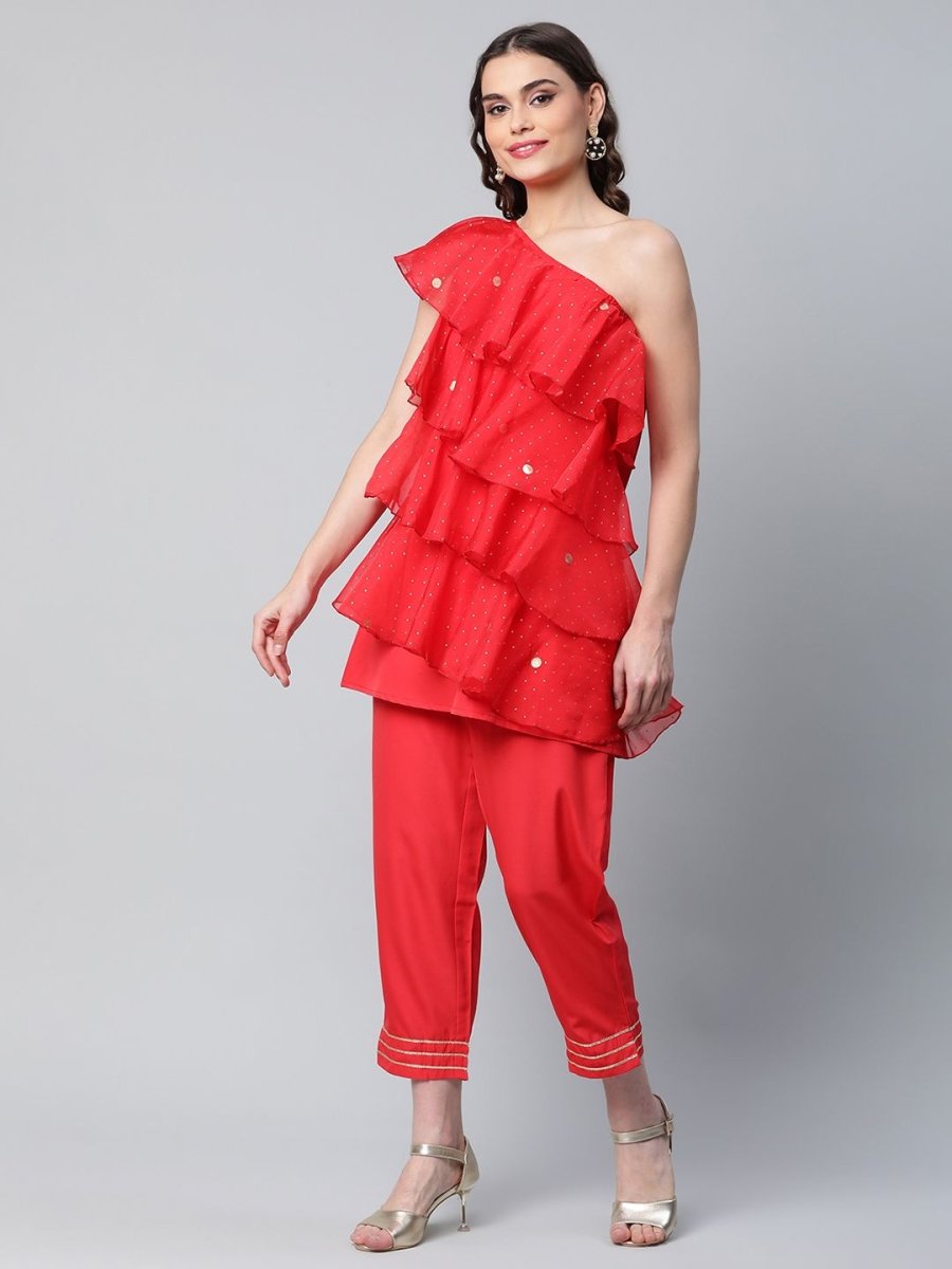 Ahalyaa Women Red Printed Layered Top with Trousers | Grocsy