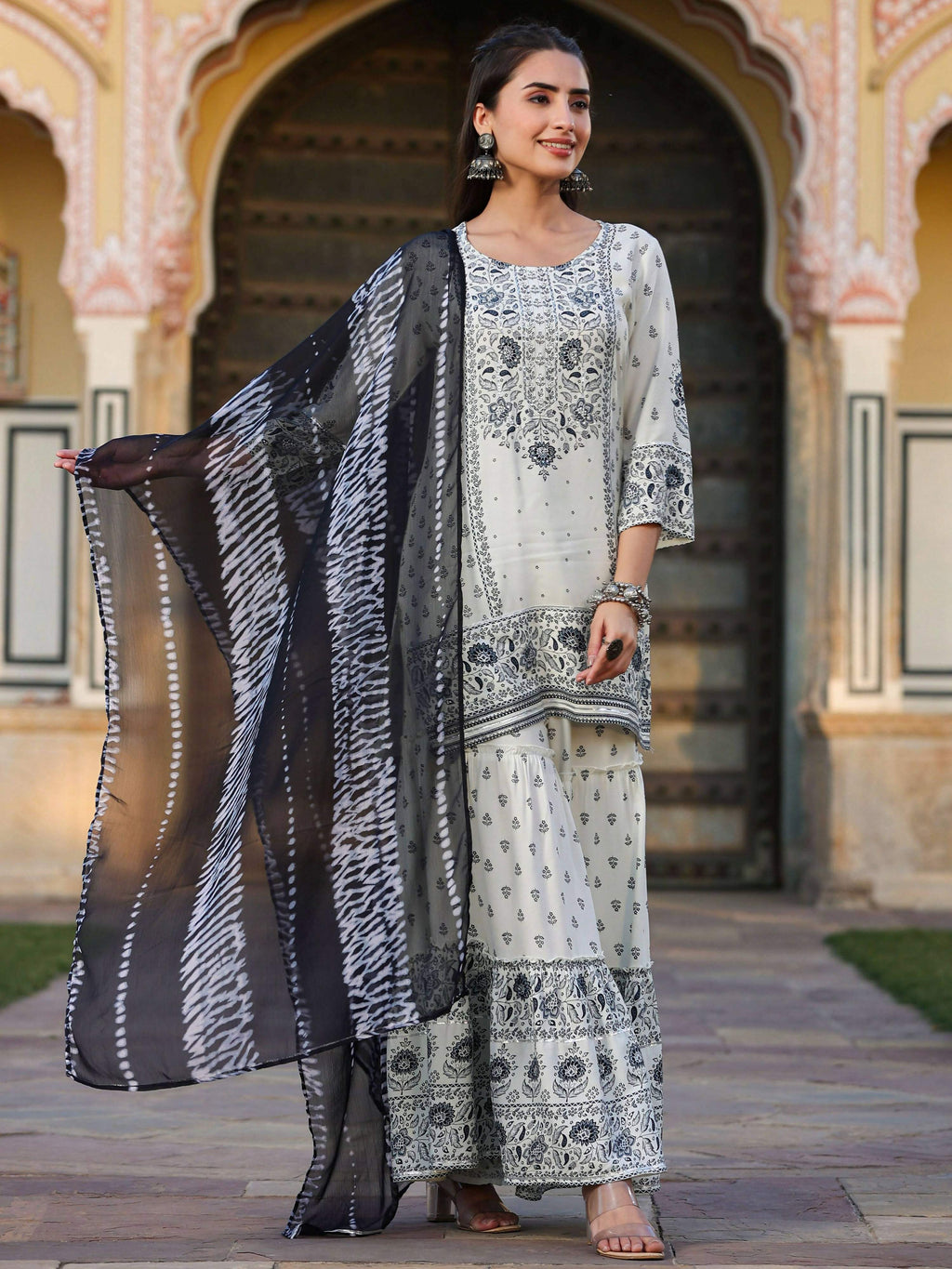 Juniper Women's Off White Rayon Floral Placement Kurta With Sharara And Dupatta Set | Grocsy