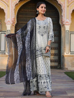 Juniper Women's Off White Rayon Floral Placement Kurta With Sharara And Dupatta Set | Grocsy