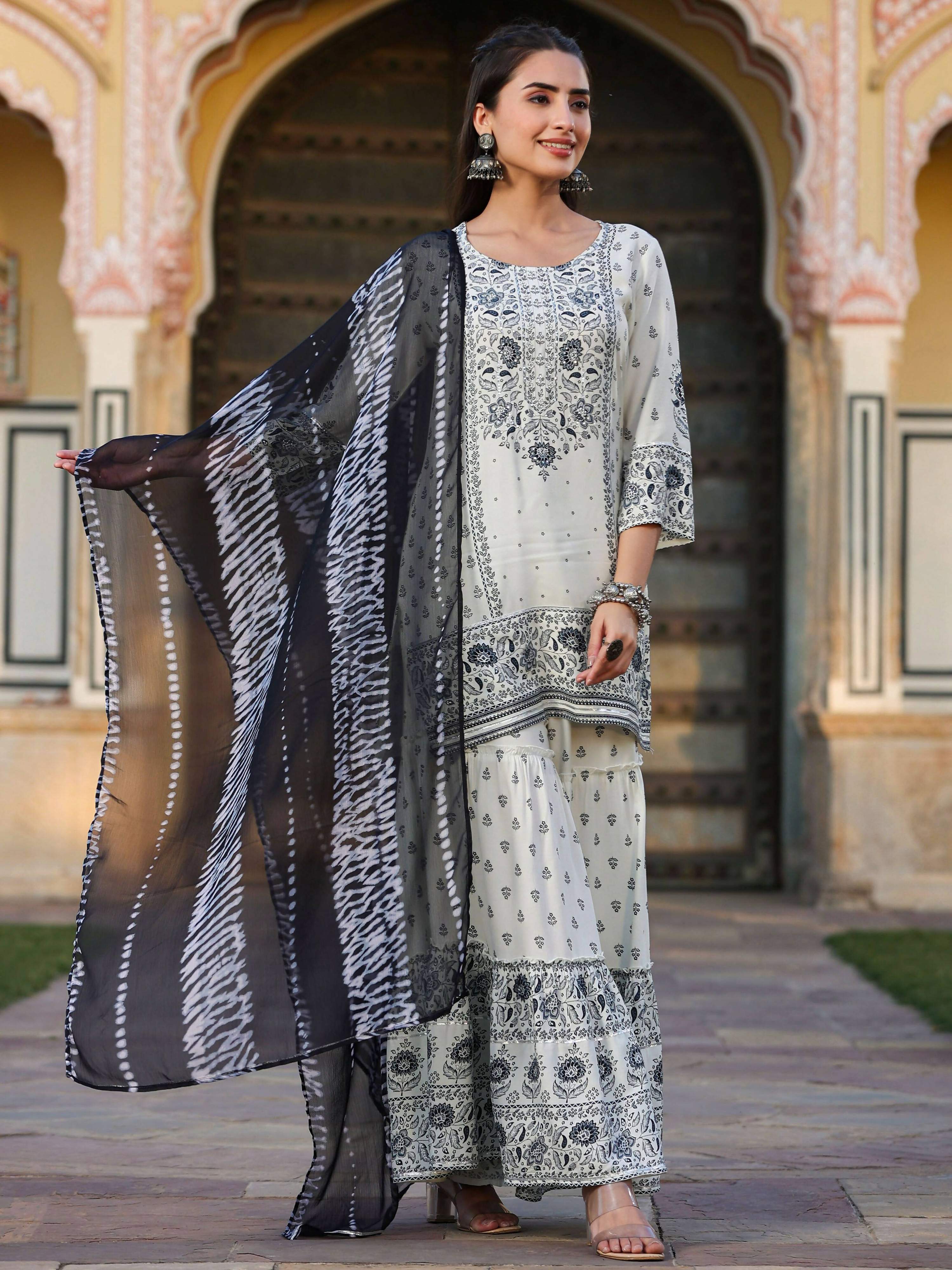 Juniper Women's Off White Rayon Floral Placement Kurta With Sharara And Dupatta Set | Grocsy