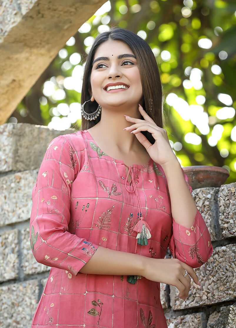 Kaajh Women's Pink Floral Printed Modal Silk Kurta Pant Set | Grocsy