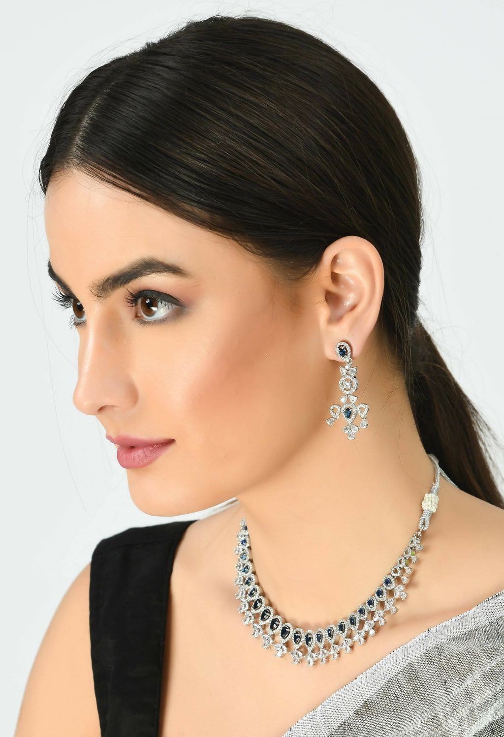 Mominos Fashion Johar Kamal Silver-Plated American Diamond Silver Blue Choker Set | Grocsy