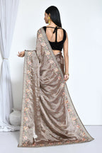 Brown Satin Silk Sequence Embroidered with Stone work Saree - Nimaya Benzy | Grocsy