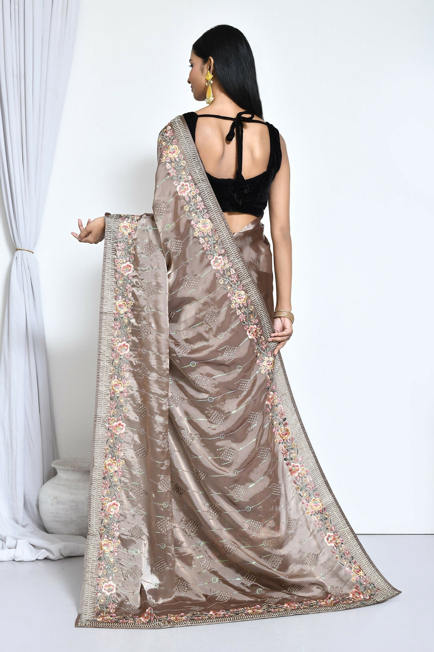 Brown Satin Silk Sequence Embroidered with Stone work Saree - Nimaya Benzy | Grocsy