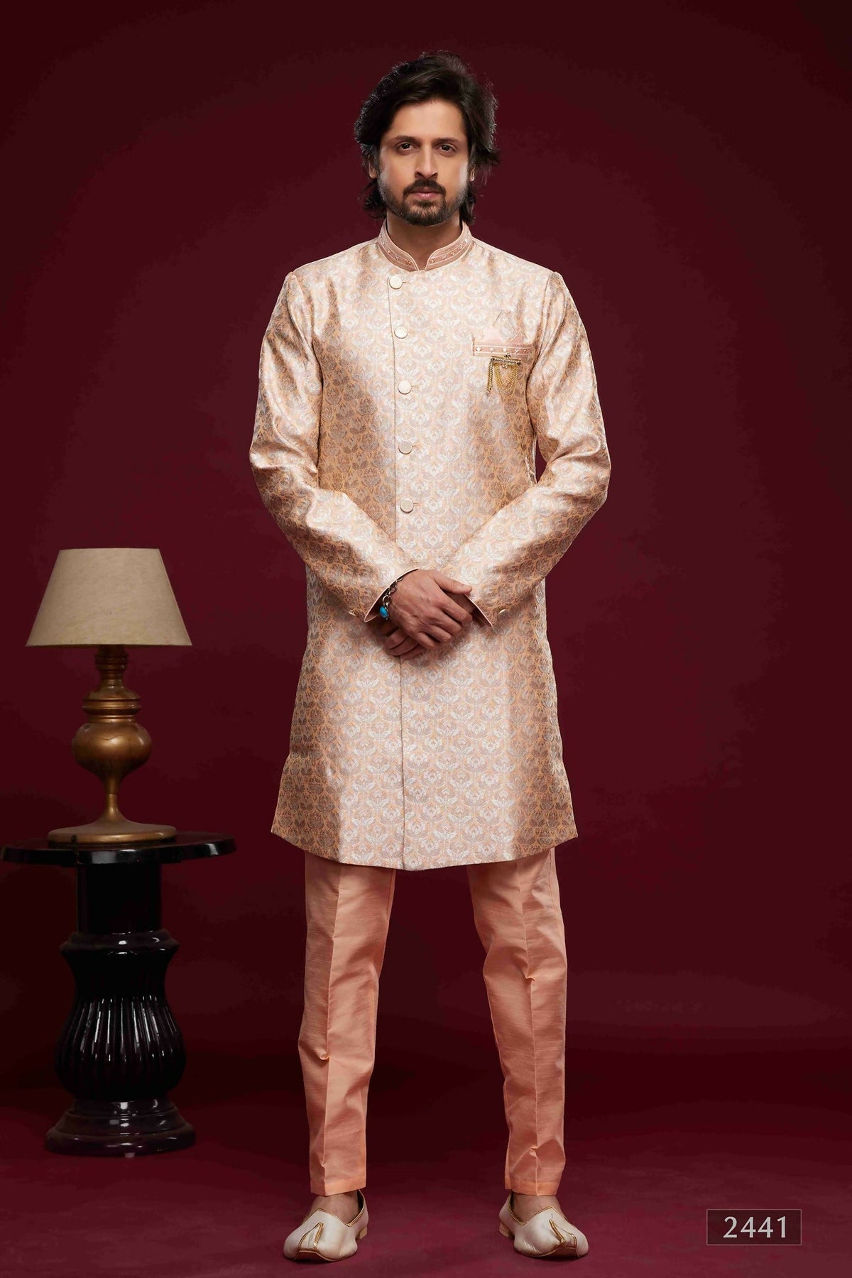 Raivat Ethnic Banarasi Jacquard Embroidery Semi Indo Western Sherwani In Peach Colour | Grocsy