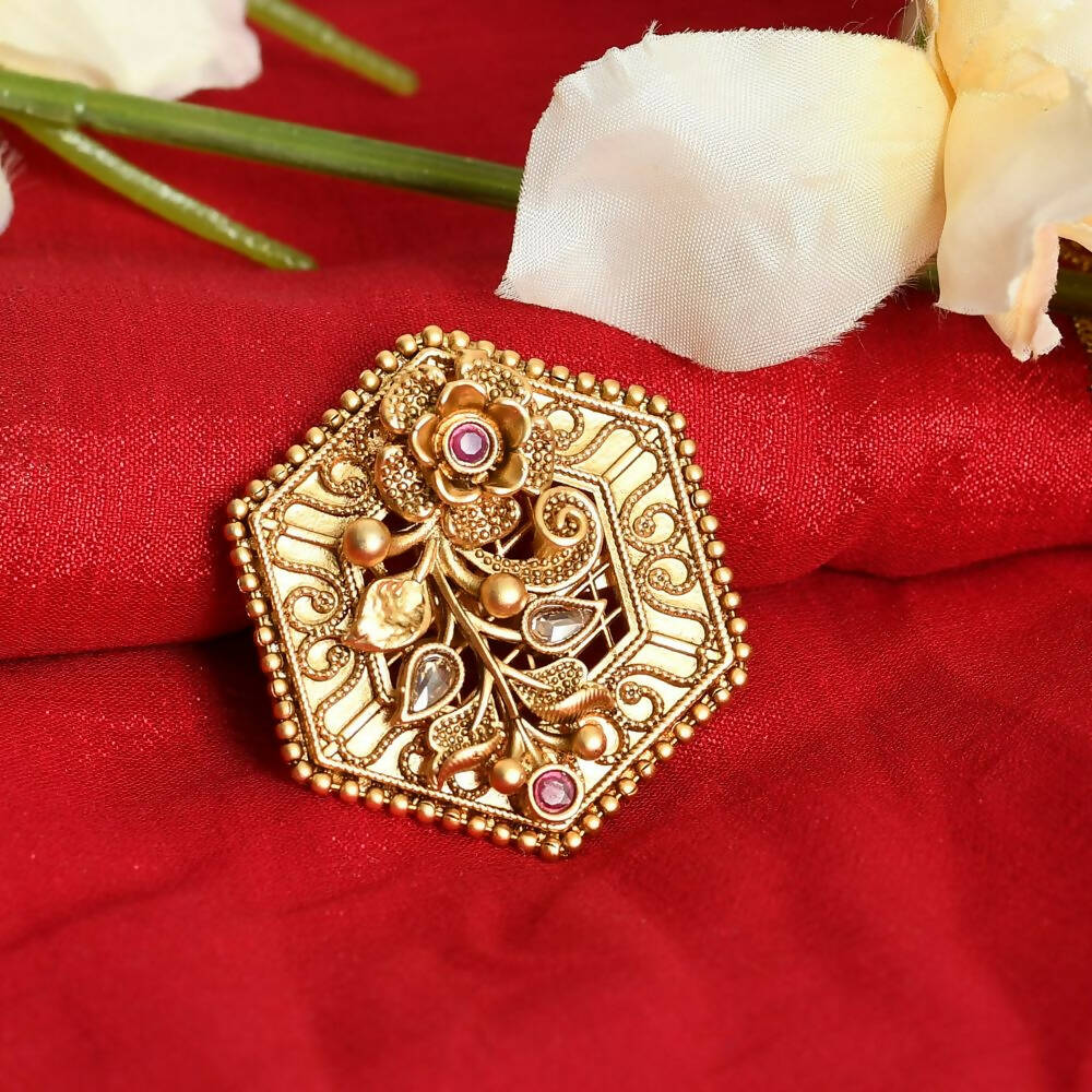 Mominos Fashion Joharkamal Gold-Polished Stone Studded Adjustable Finger Ring - Design 11 | Grocsy