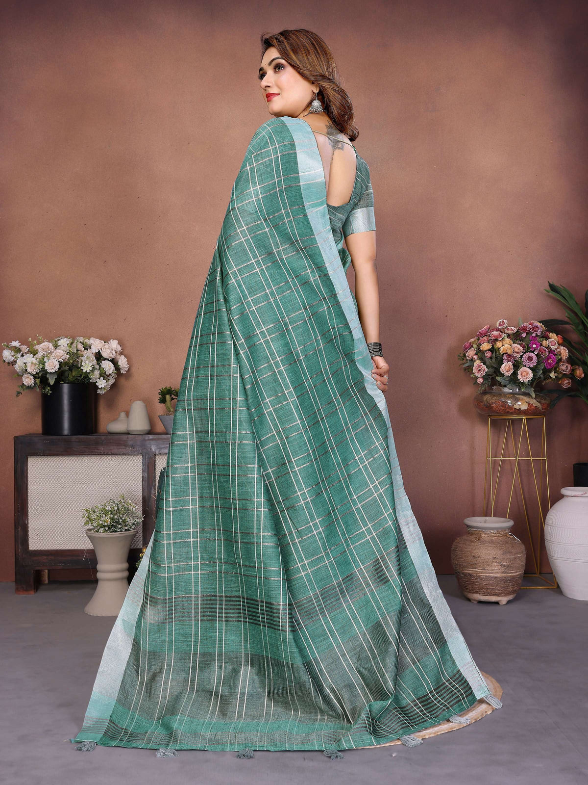 Aastha Fashion Sea Green Linen Weaving Saree | Grocsy