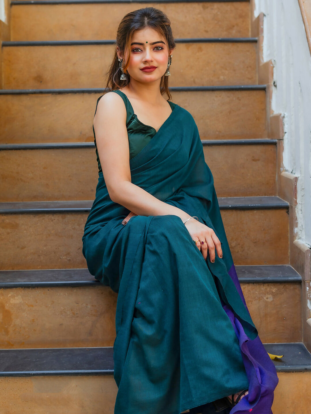 Zibaa Hand-Dyed Mul Cotton Peacock Green Saree with Tassels | Grocsy